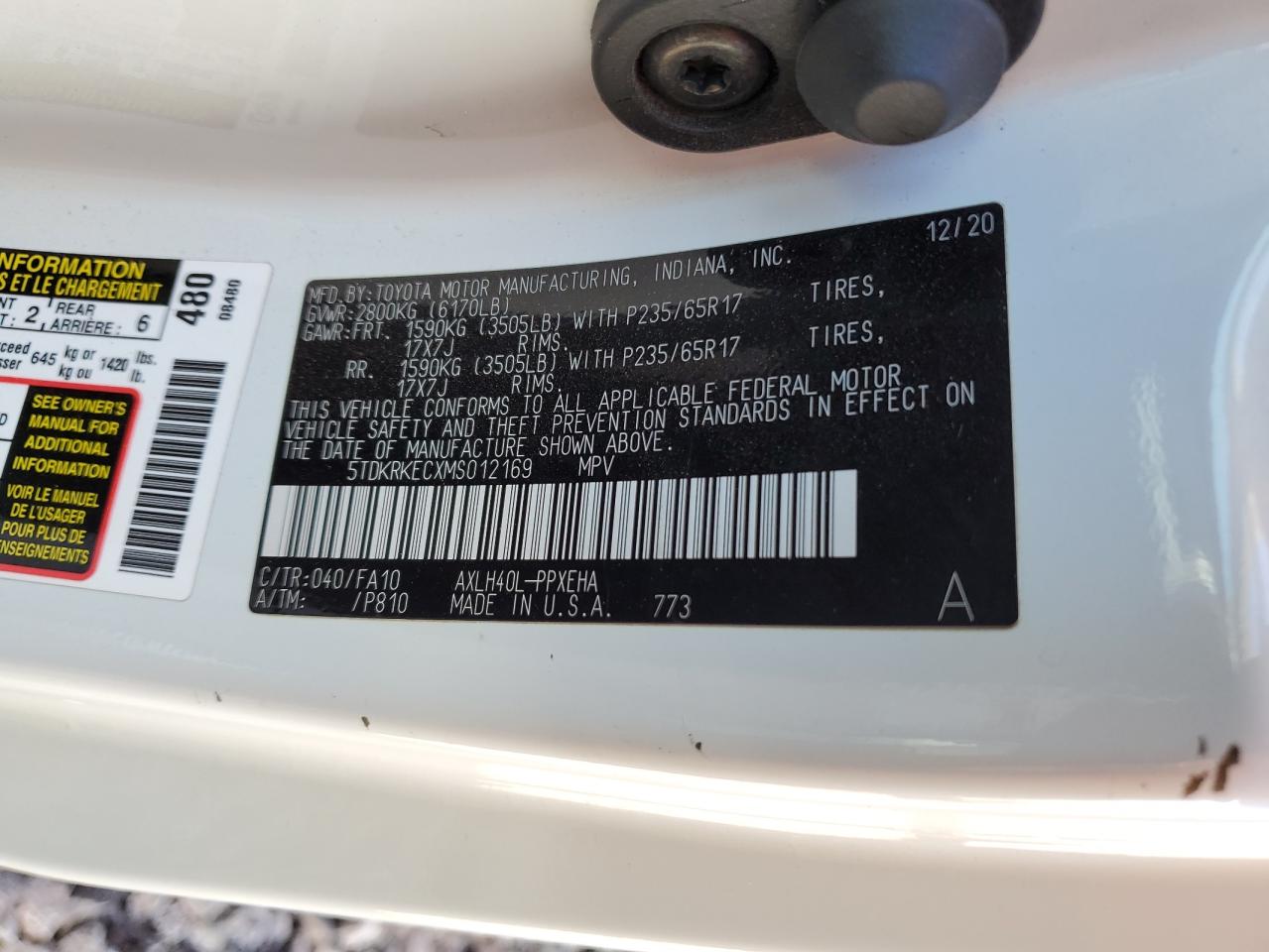 5TDKRKECXMS012169 2021 Toyota Sienna Le