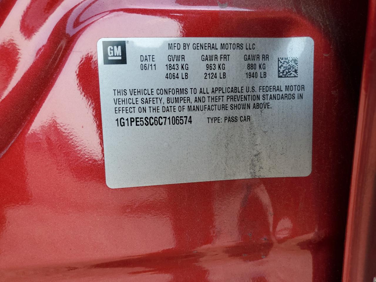 1G1PE5SC6C7106574 2012 Chevrolet Cruze Lt