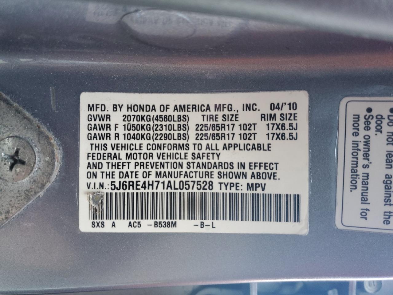 5J6RE4H71AL057528 2010 Honda Cr-V Exl