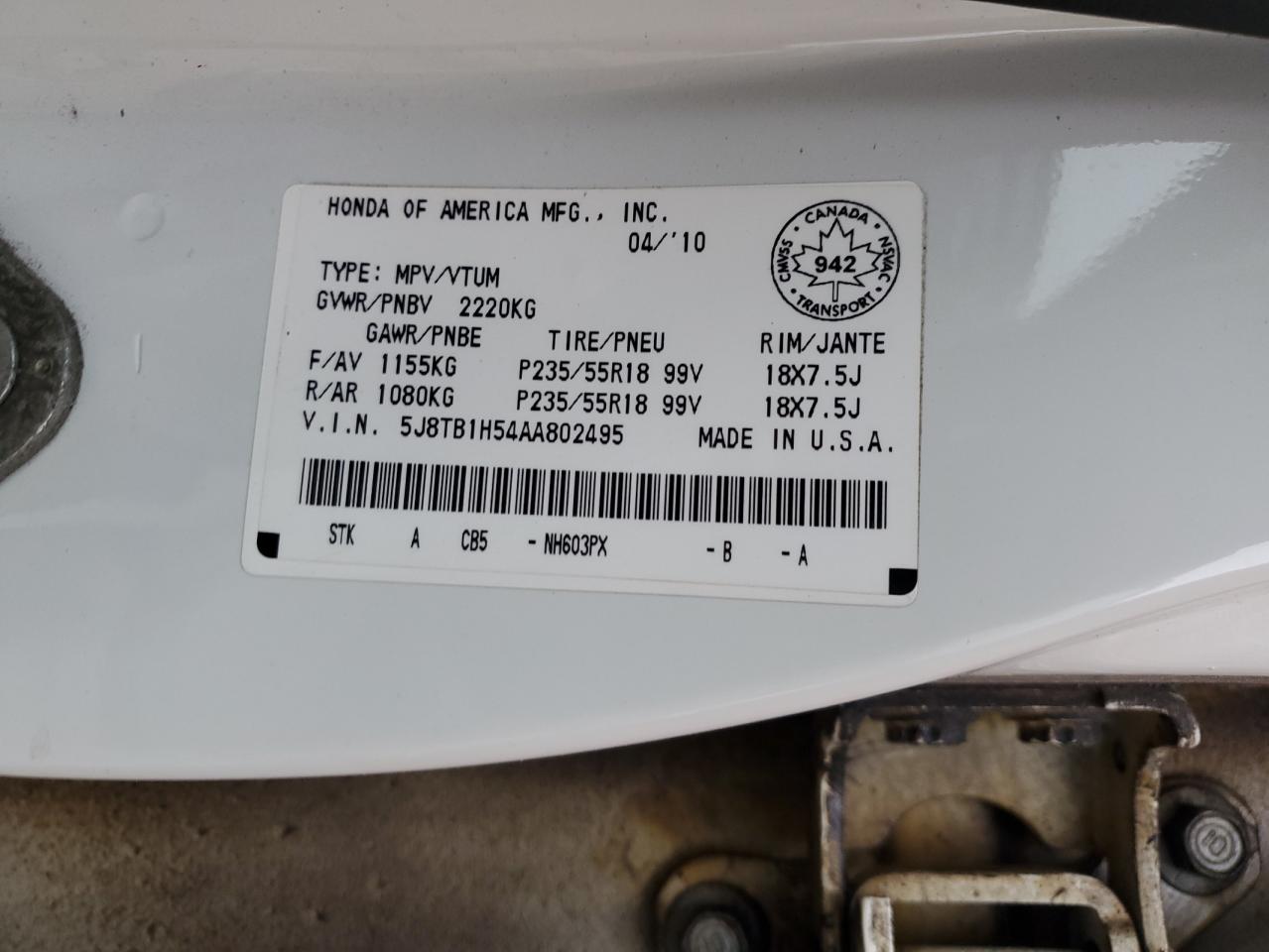 5J8TB1H54AA802495 2010 Acura Rdx Technology