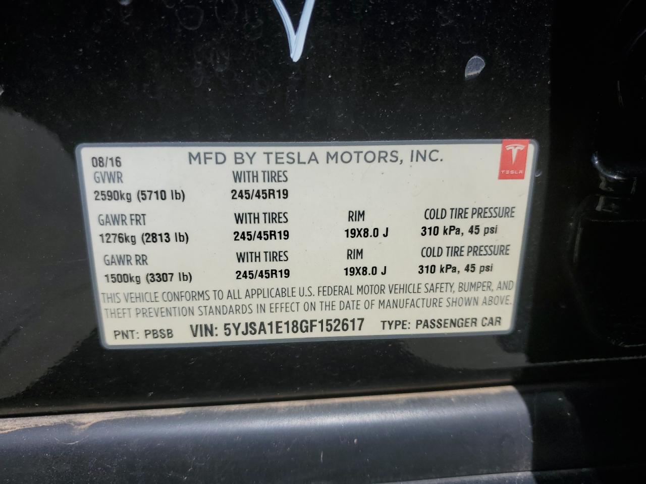 Lot #2955422731 2016 TESLA MODEL S