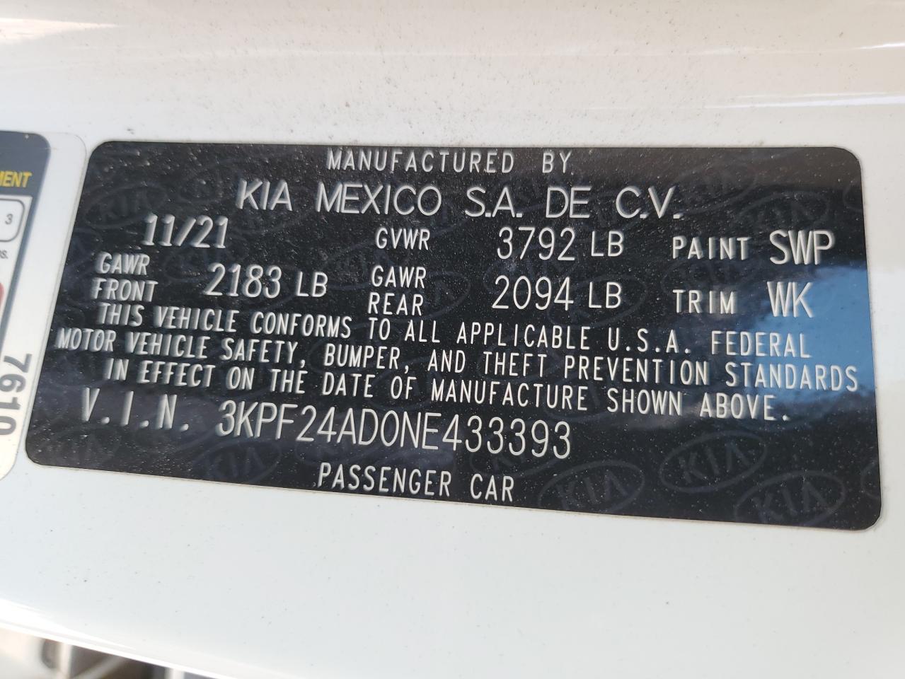 3KPF24AD0NE433393 2022 Kia Forte Fe