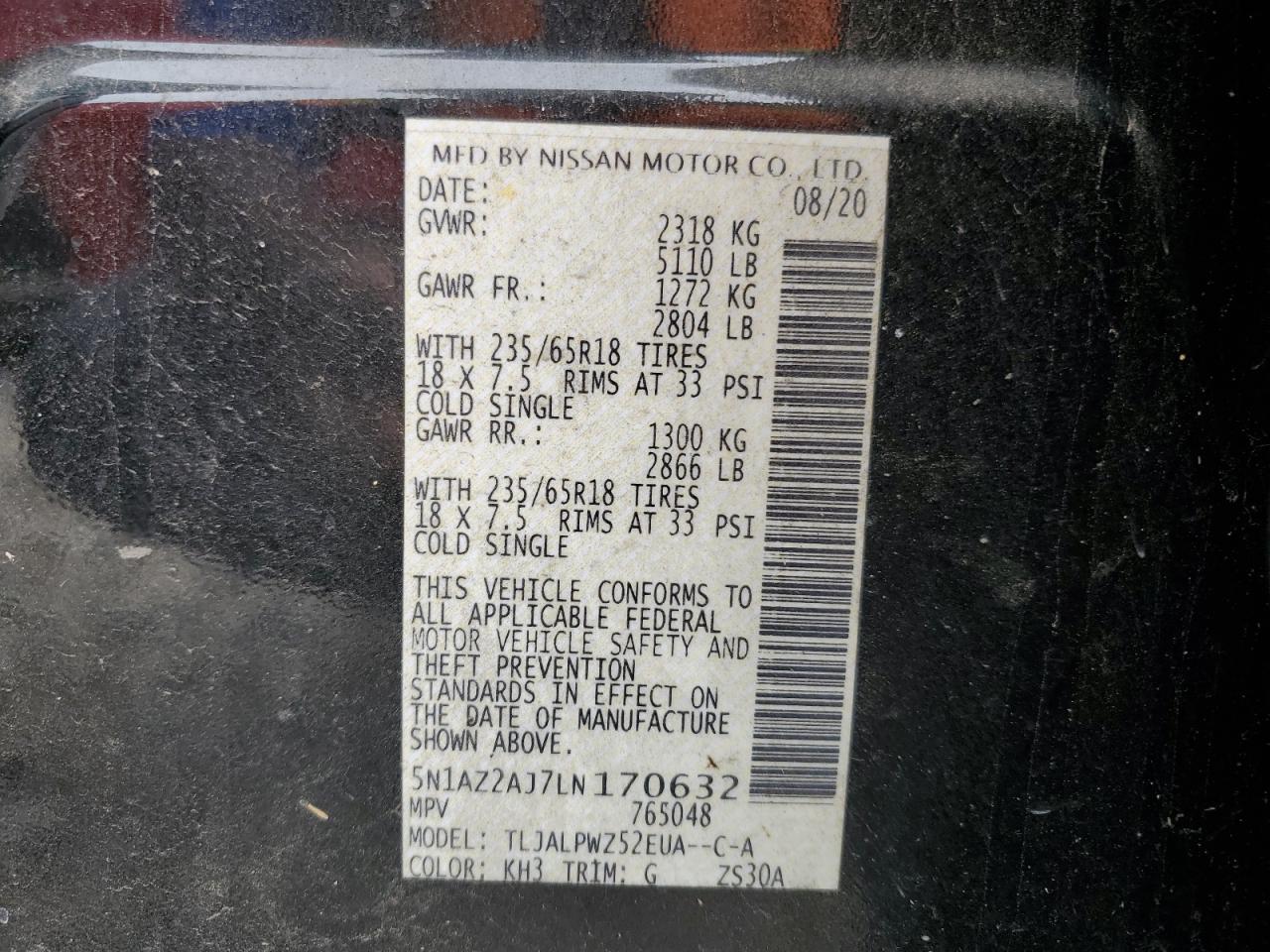 5N1AZ2AJ7LN170632 2020 Nissan Murano S