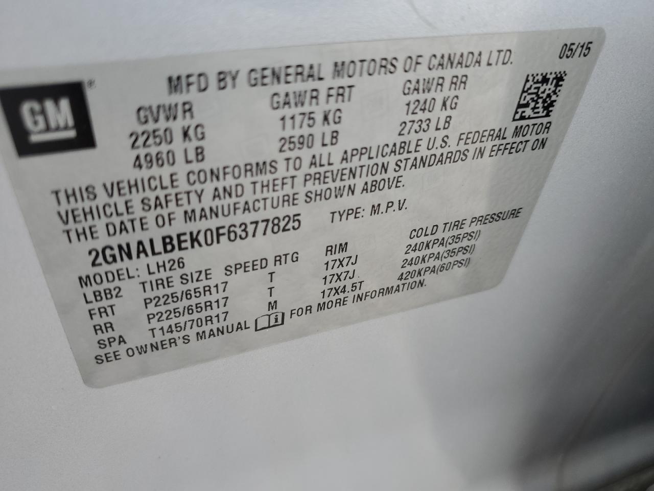 2GNALBEK0F6377825 2015 Chevrolet Equinox Lt