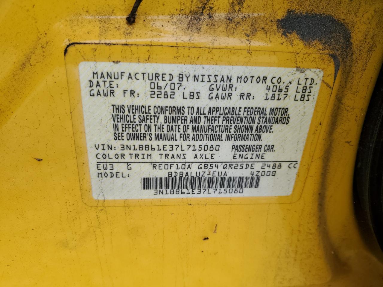 3N1BB61E37L715080 2007 Nissan Sentra Se-R