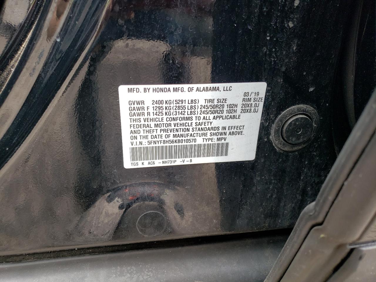 5FNYF8H56KB010570 2019 Honda Passport Exl