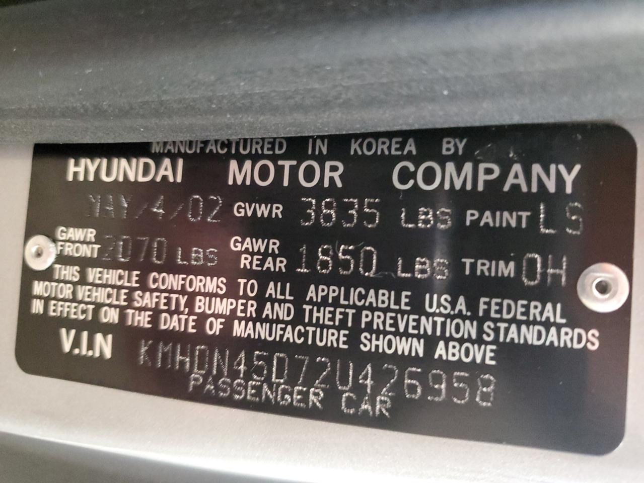 KMHDN45D72U426958 2002 Hyundai Elantra Gls