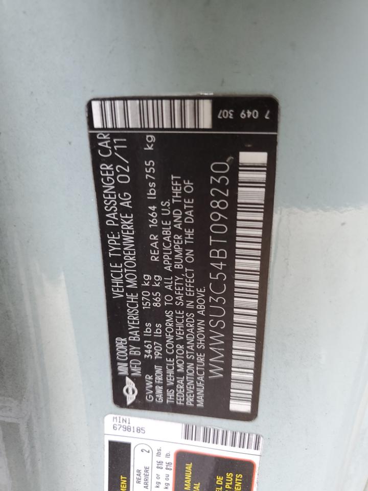 WMWSU3C54BT098230 2011 Mini Cooper