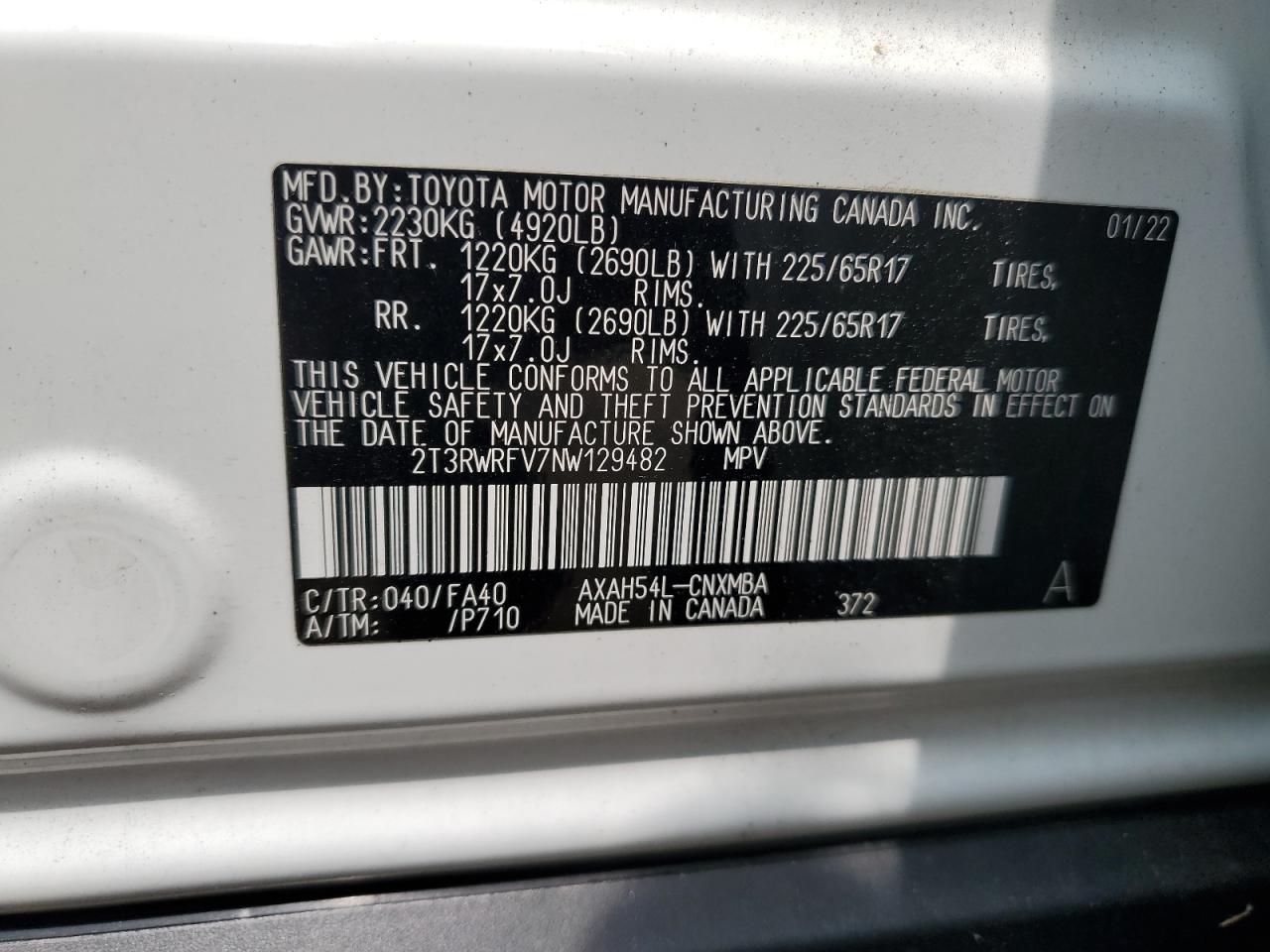 2T3RWRFV7NW129482 2022 Toyota Rav4 Xle