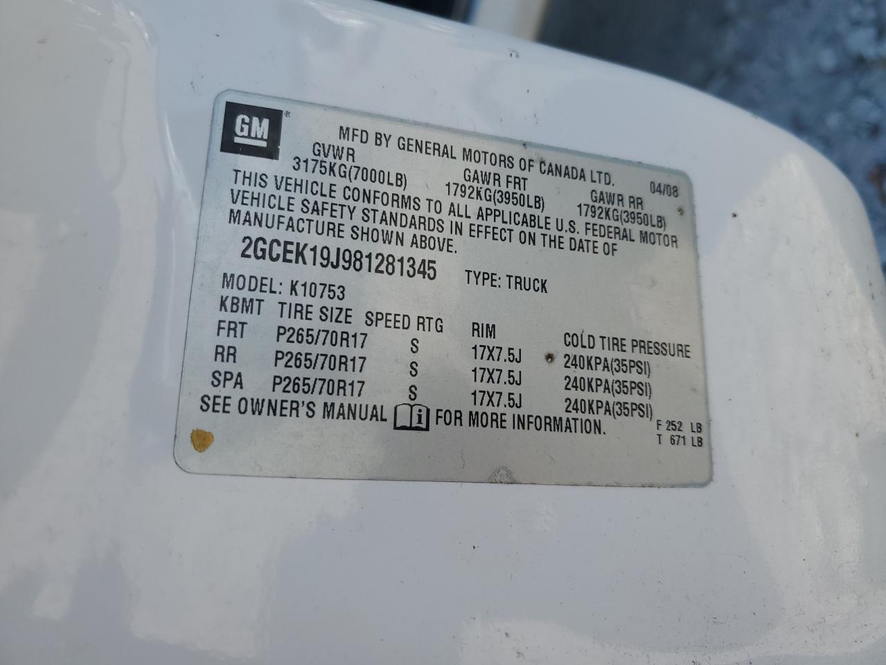 2GCEK19J981281345 2008 Chevrolet Silverado K1500