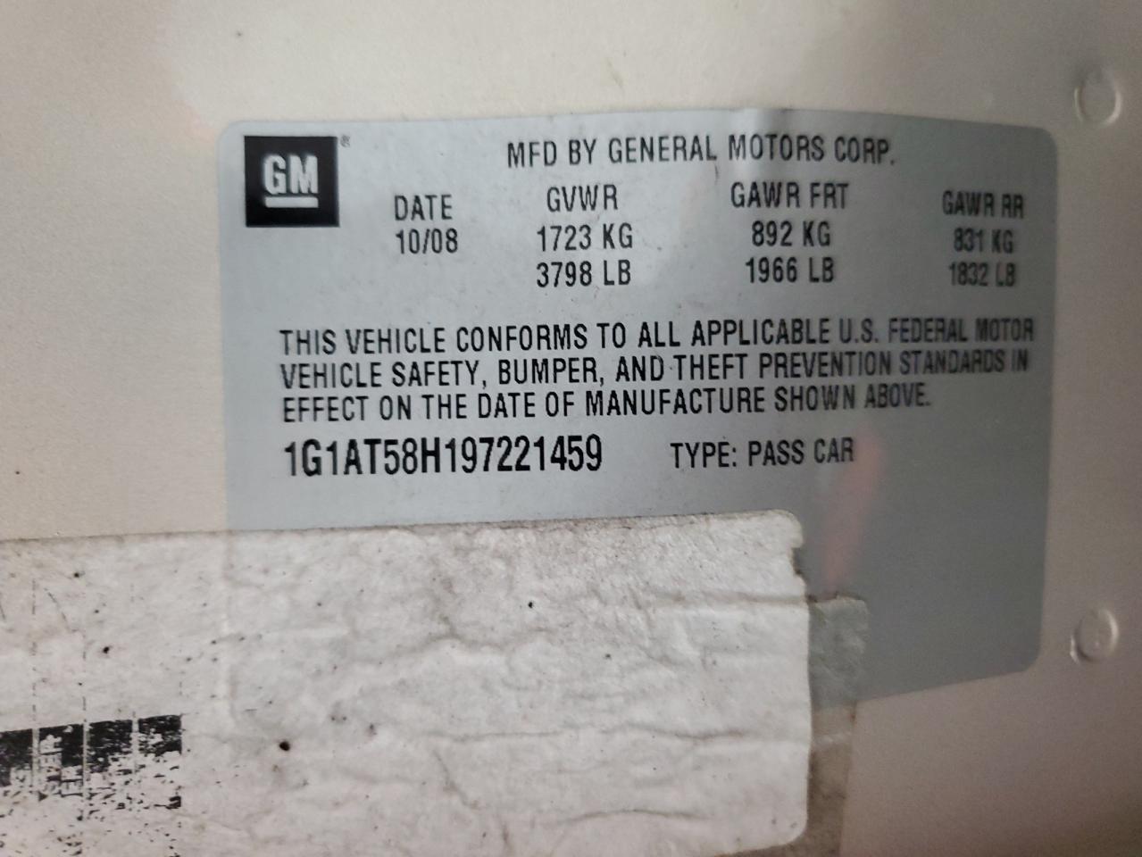 1G1AT58H197221459 2009 Chevrolet Cobalt Lt