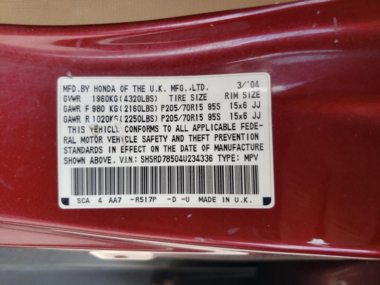 SHSRD78504U234336 2004 Honda Cr-V Lx