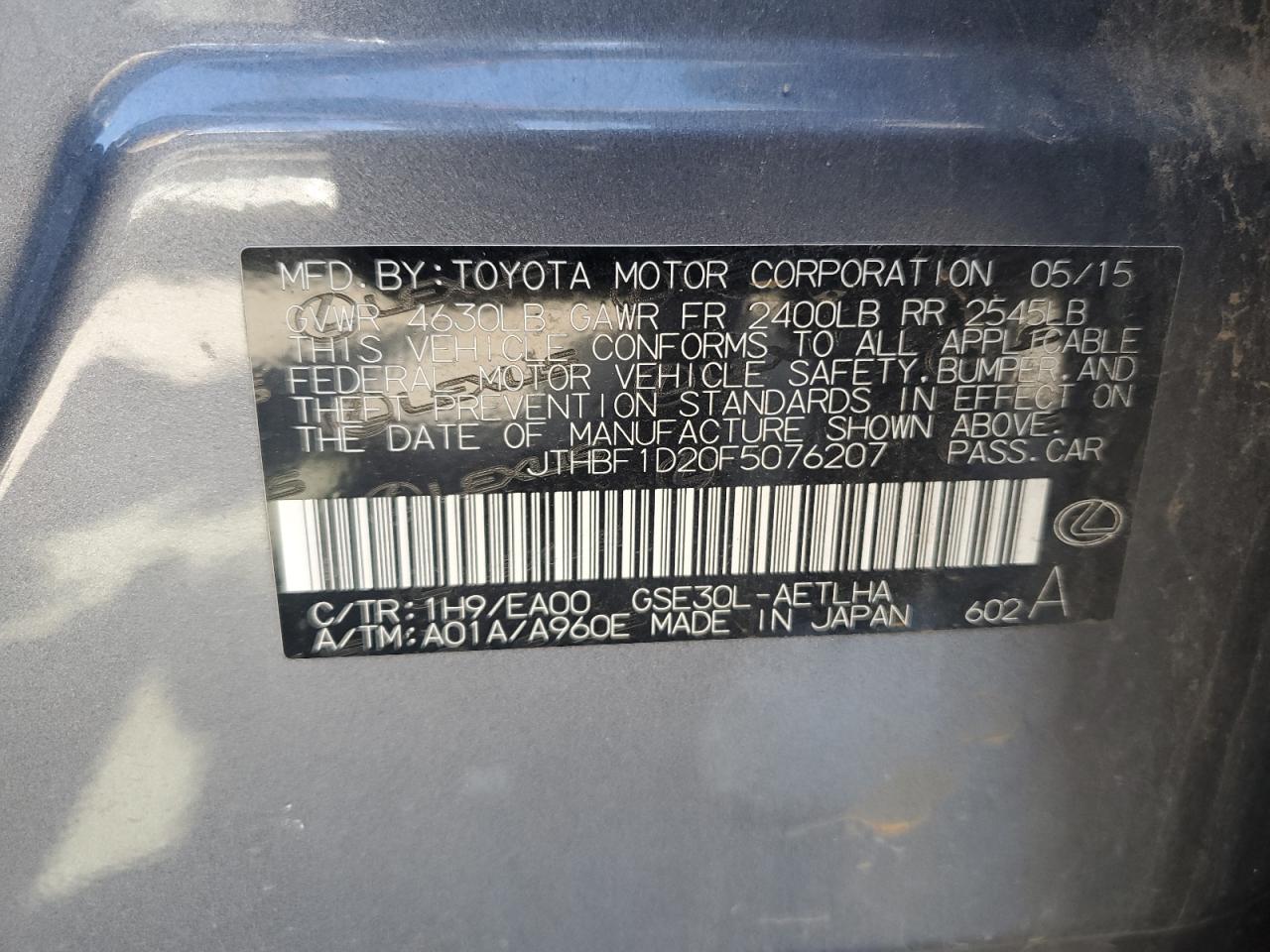 JTHBF1D20F5076207 2015 Lexus Is 250