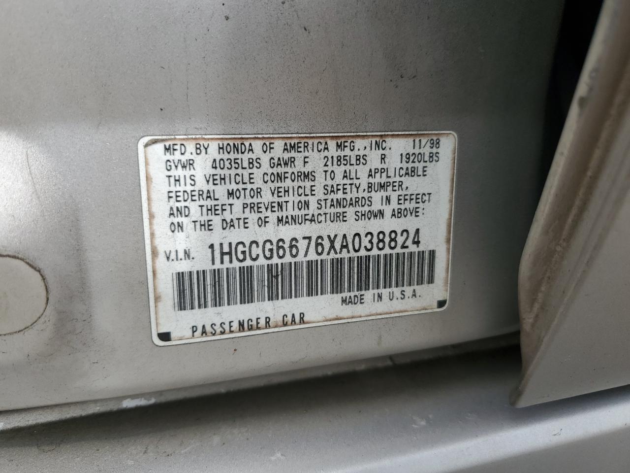 1HGCG6676XA038824 1999 Honda Accord Ex