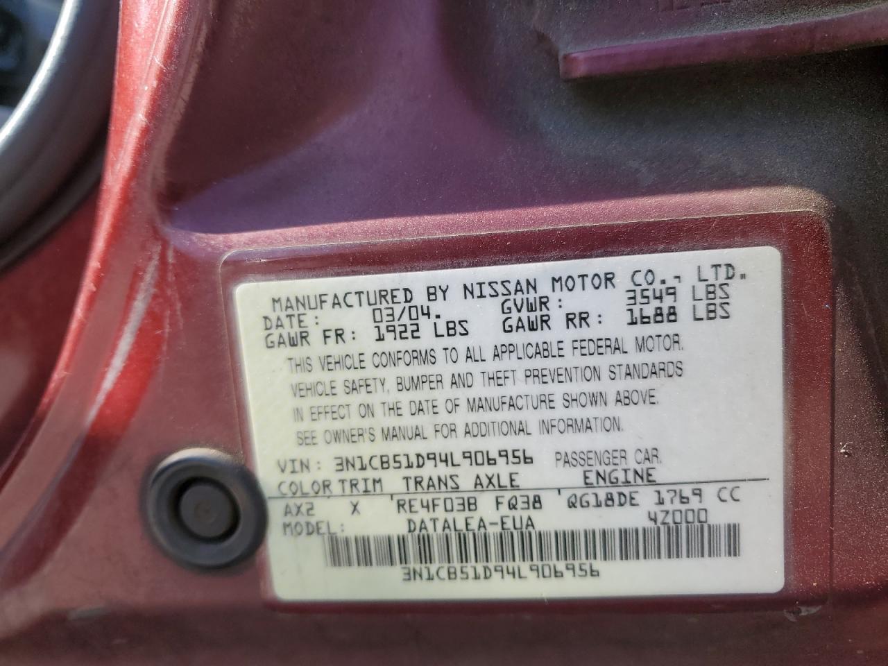 3N1CB51D94L906956 2004 Nissan Sentra 1.8