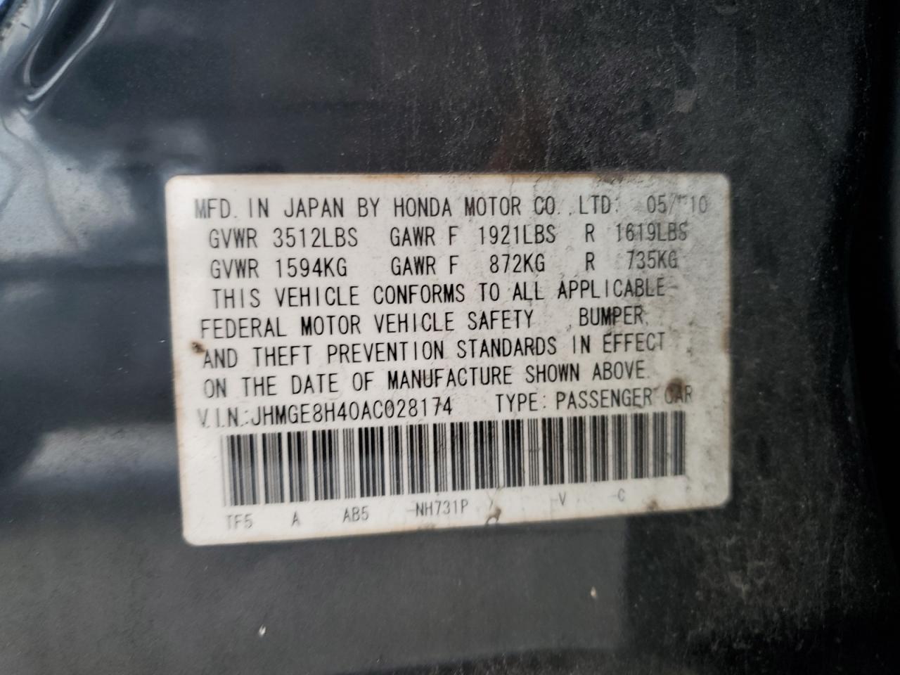 JHMGE8H40AC028174 2010 Honda Fit Sport