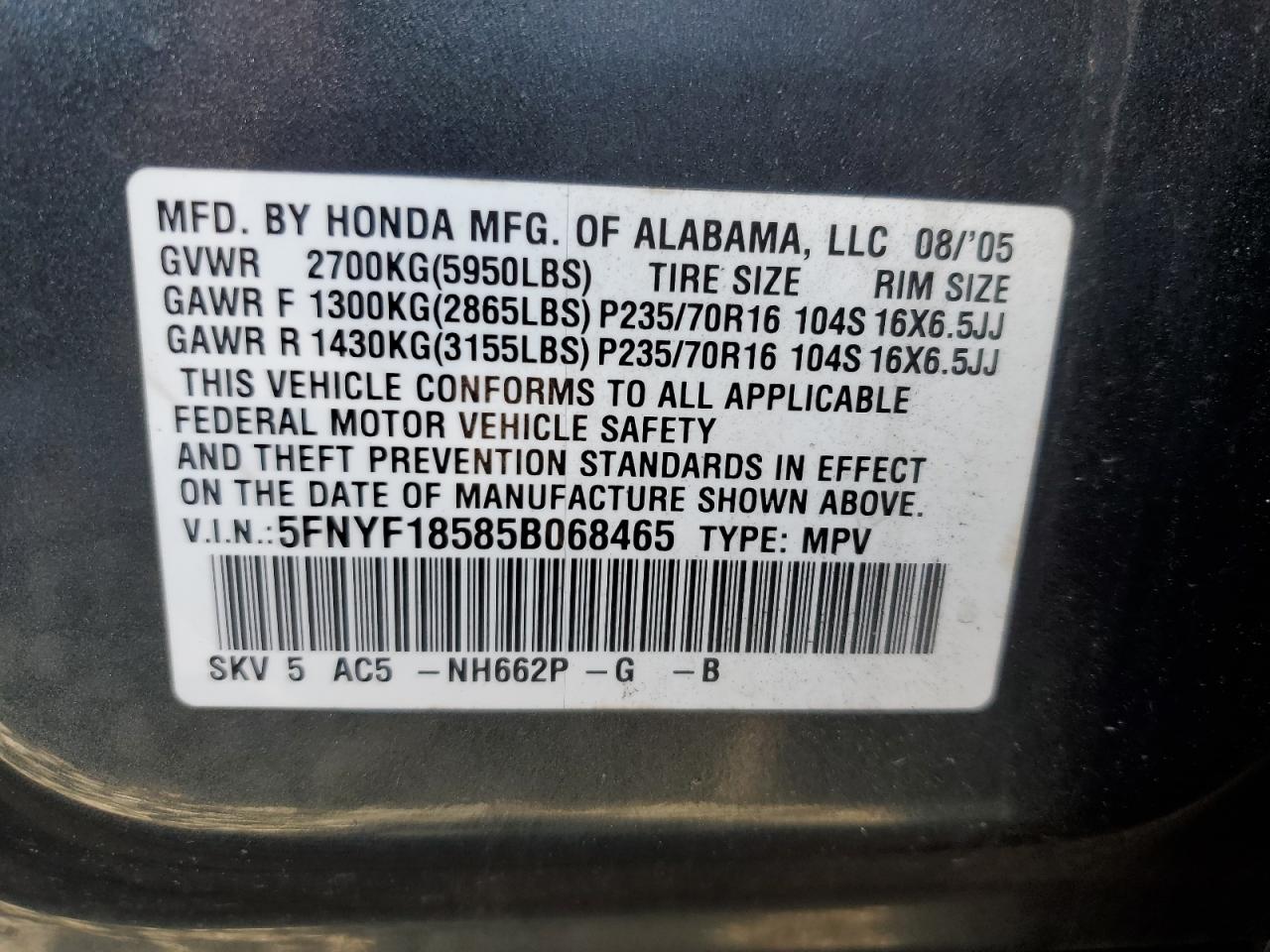 5FNYF18585B068465 2005 Honda Pilot Exl