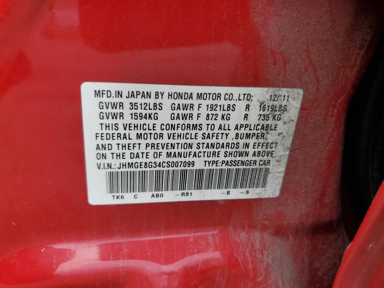JHMGE8G34CS007099 2012 Honda Fit