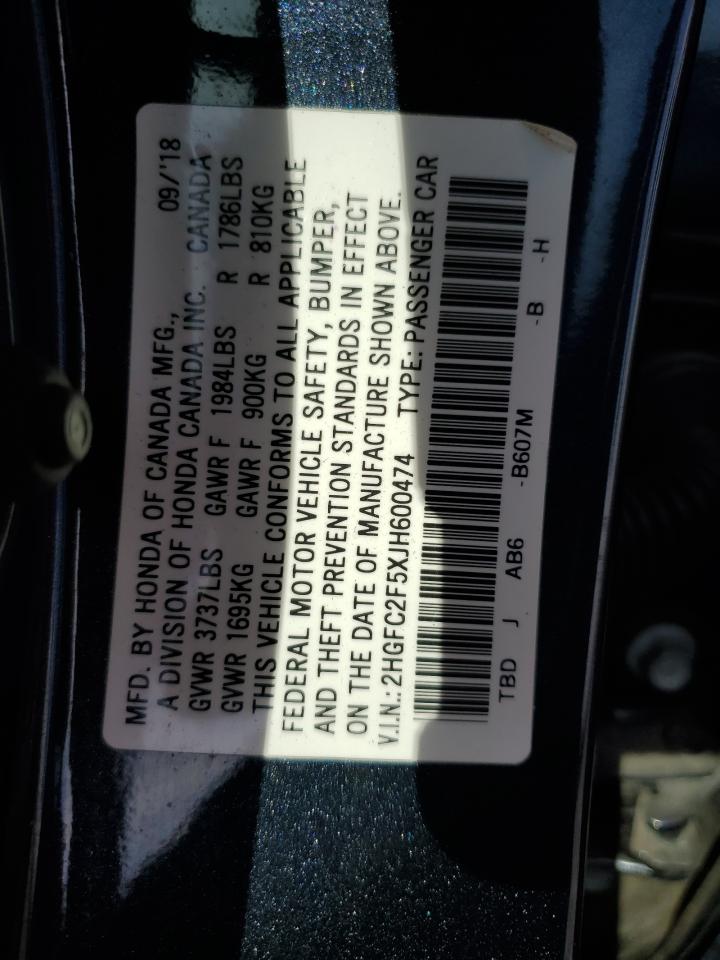 2HGFC2F5XJH600474 2018 Honda Civic Lx