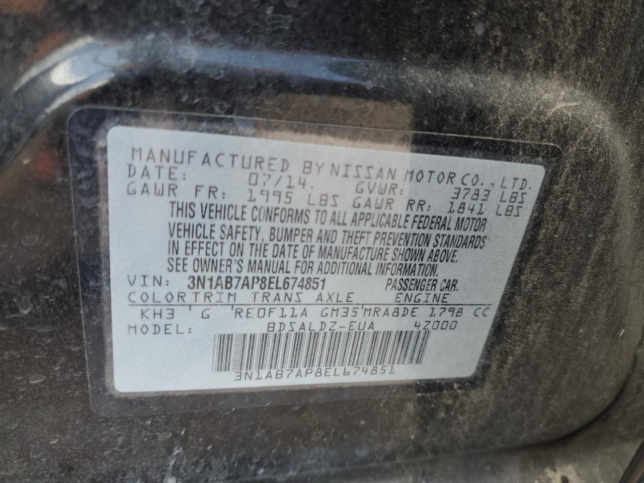 3N1AB7AP8EL674851 2014 Nissan Sentra S