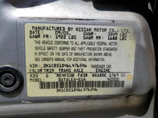 2006 Nissan Sentra 1.8 VIN: 3N1CB51D46L476546 Lot: 57426334