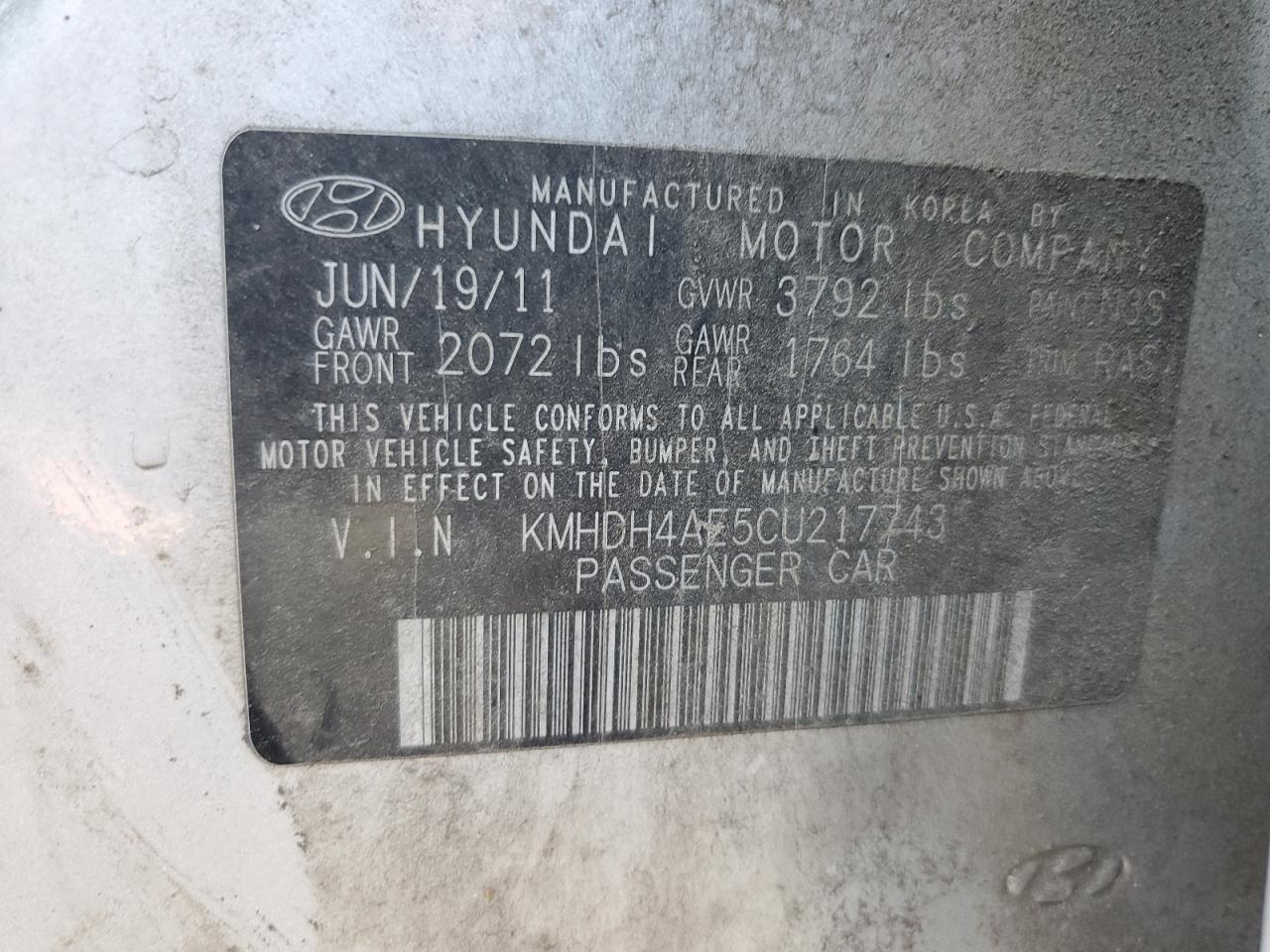 KMHDH4AE5CU217743 2012 Hyundai Elantra Gls