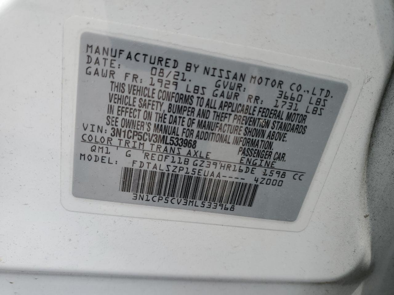 3N1CP5CV3ML533968 2021 Nissan Kicks Sv