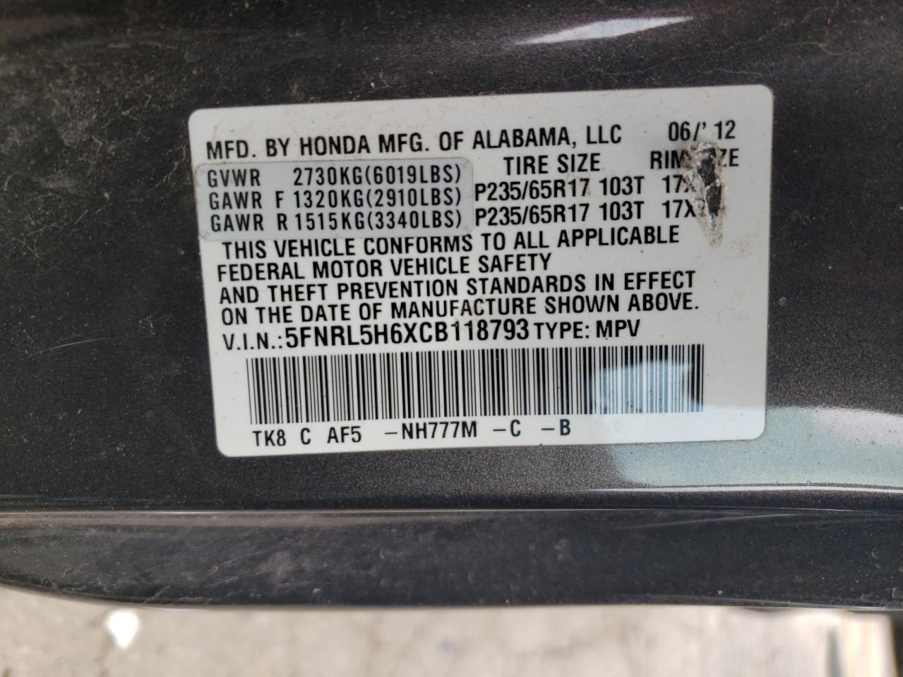 5FNRL5H6XCB118793 2012 Honda Odyssey Exl