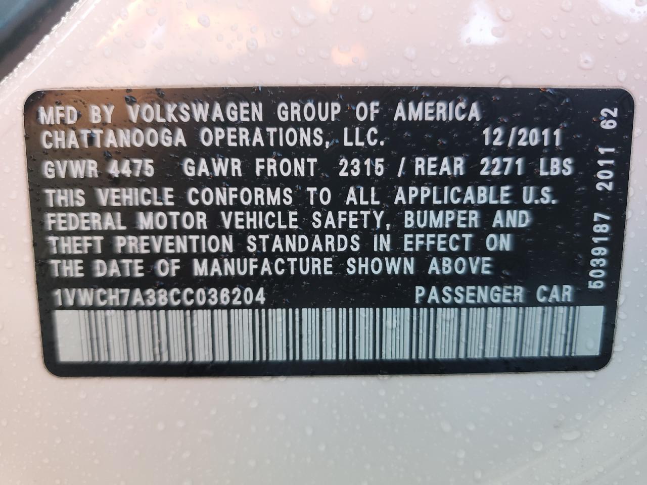 1VWCH7A38CC036204 2012 Volkswagen Passat Sel