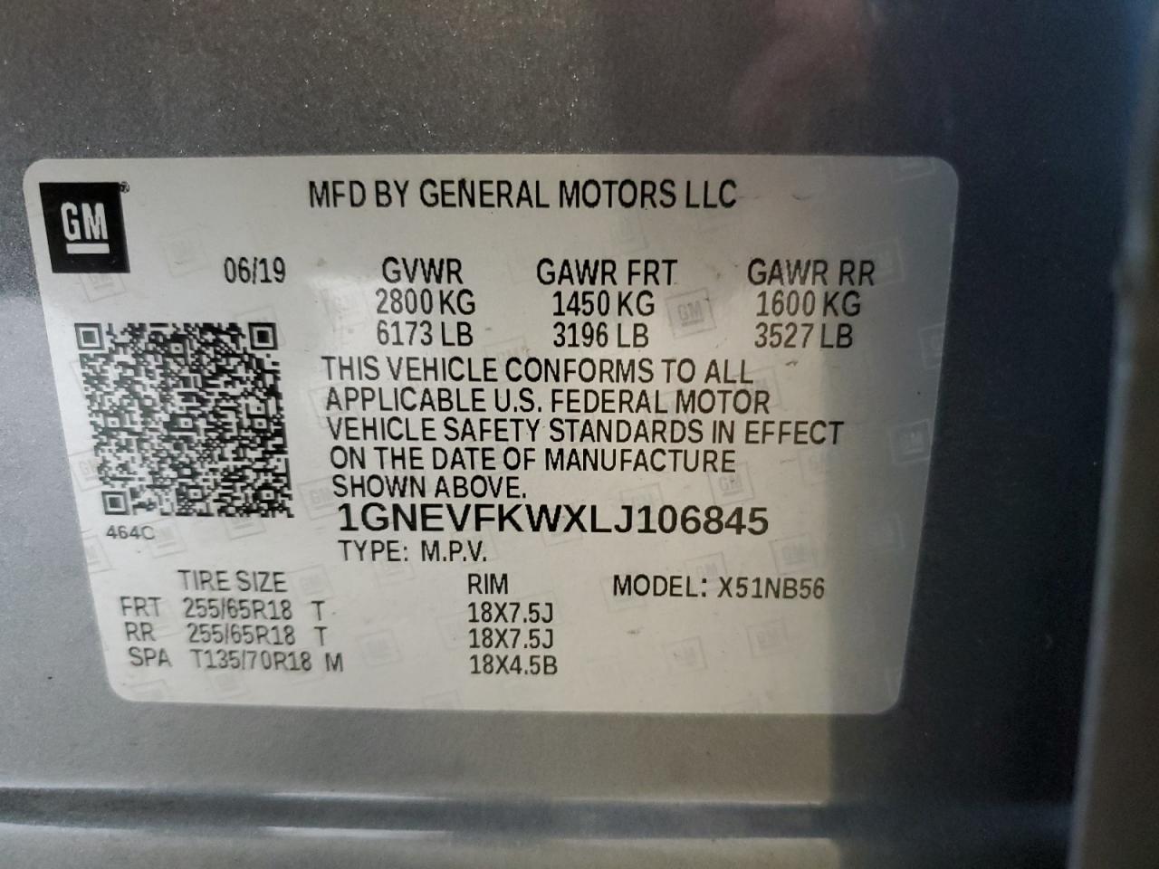 1GNEVFKWXLJ106845 2020 Chevrolet Traverse Ls