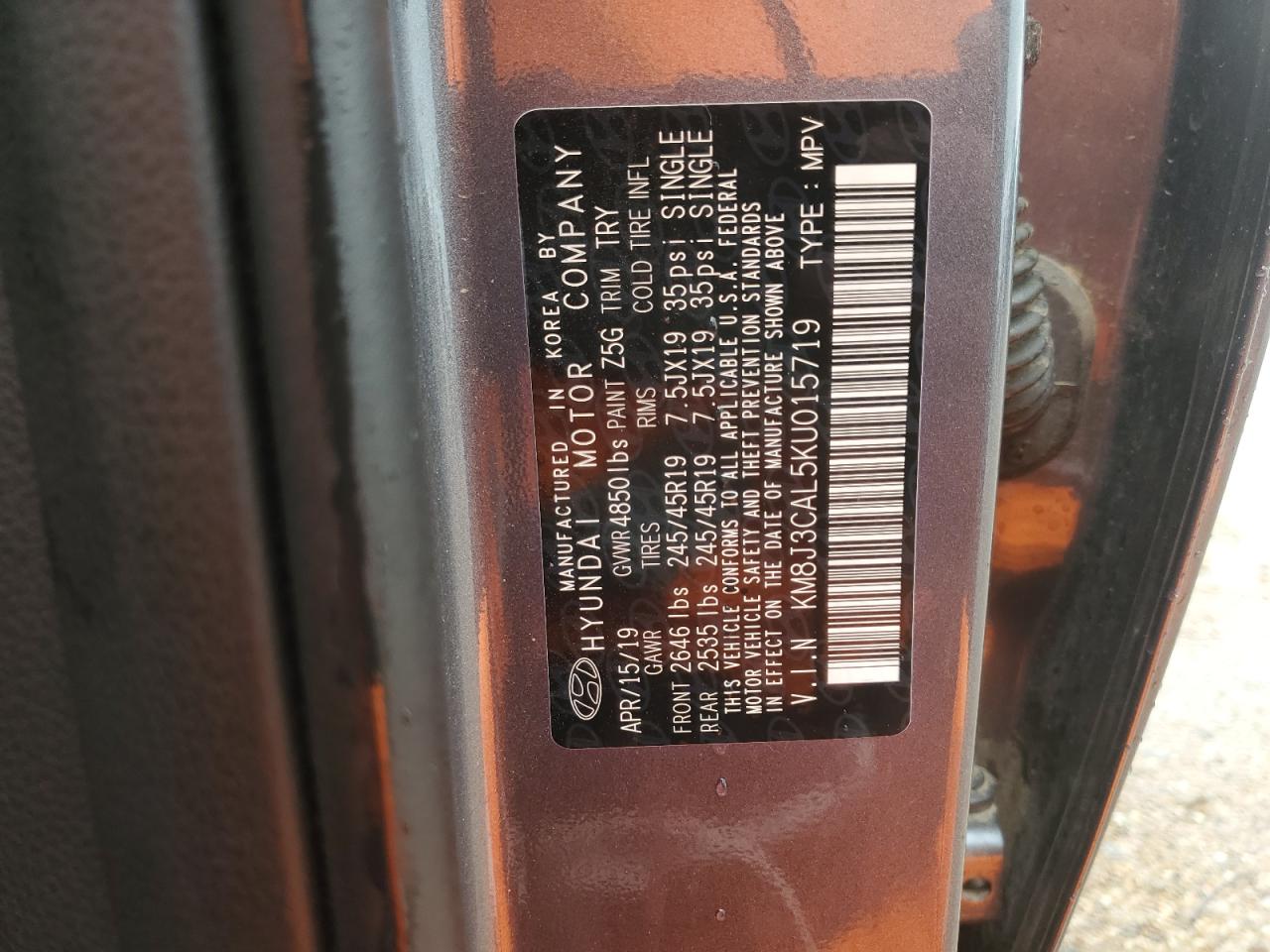 KM8J3CAL5KU015719 2019 Hyundai Tucson Limited