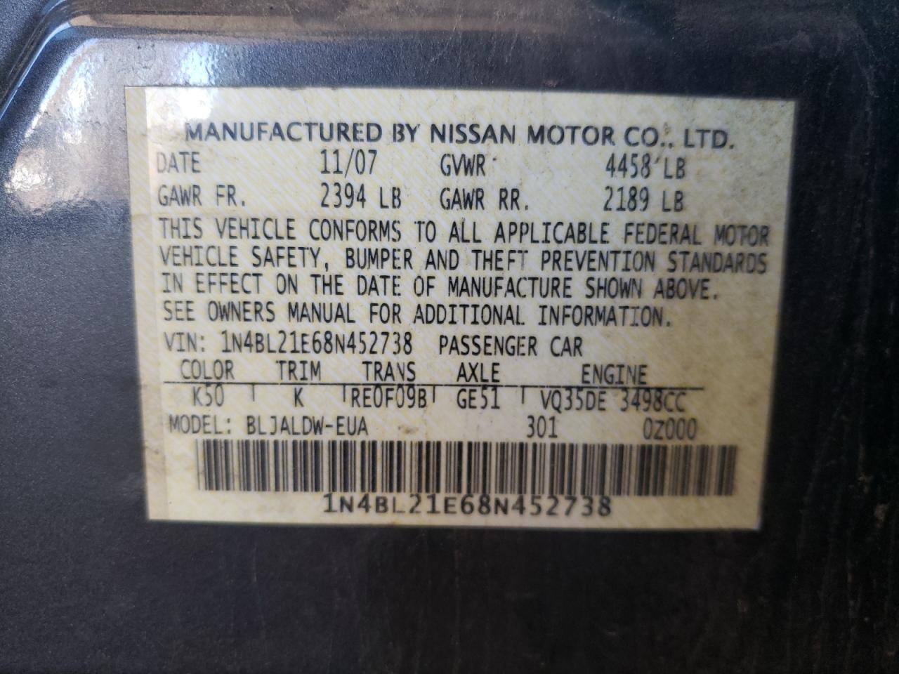 1N4BL21E68N452738 2008 Nissan Altima 3.5Se