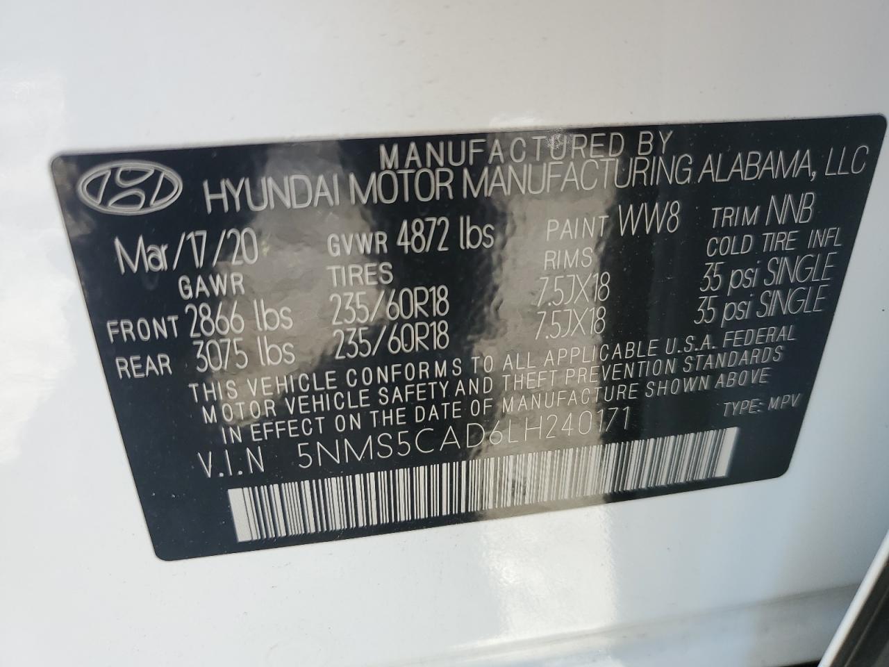 5NMS5CAD6LH240171 2020 Hyundai Santa Fe Limited
