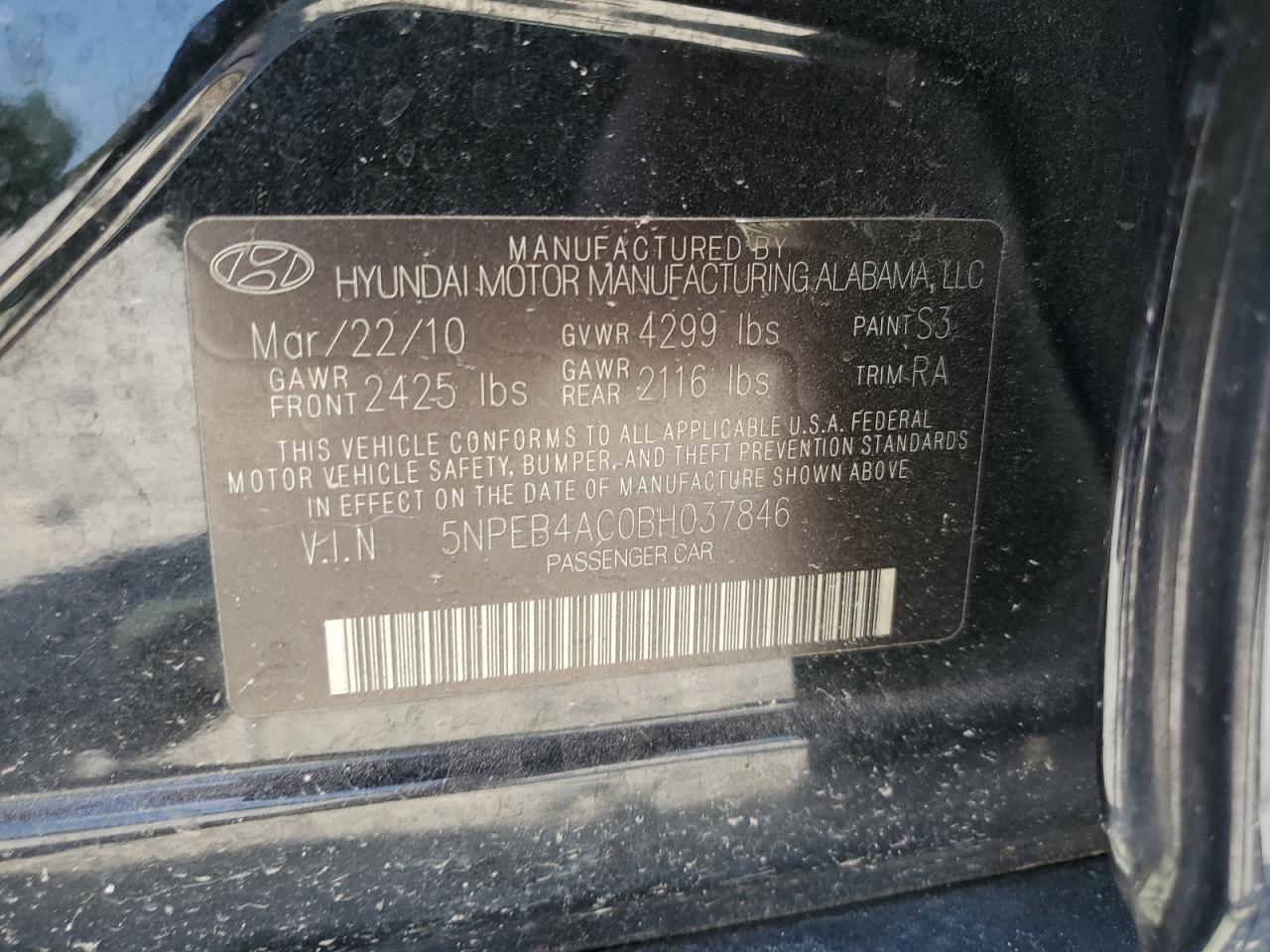 5NPEB4AC0BH037846 2011 Hyundai Sonata Gls