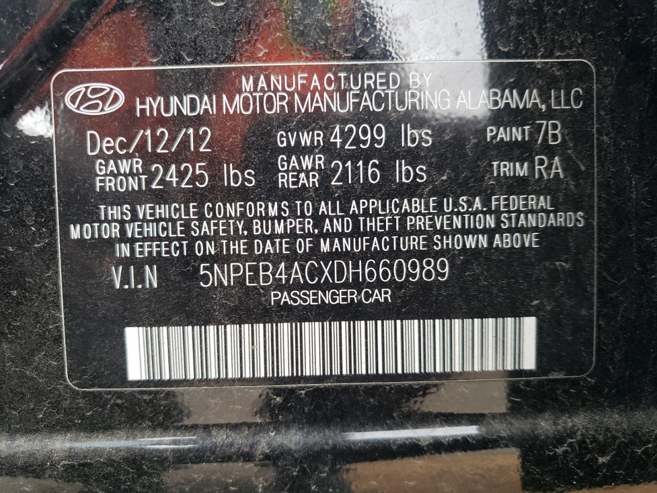 5NPEB4ACXDH660989 2013 Hyundai Sonata Gls