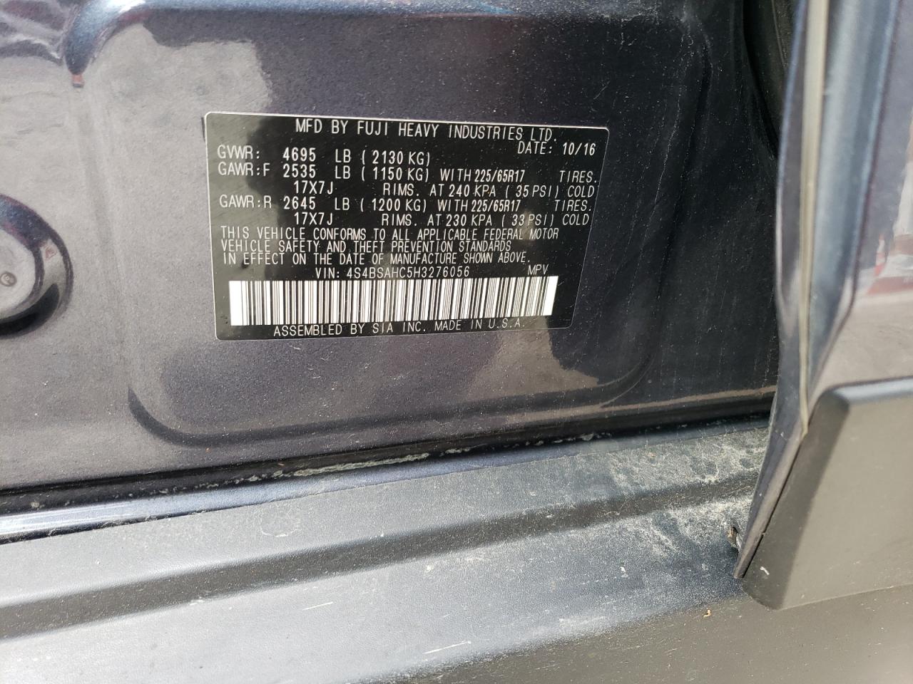 4S4BSAHC5H3276056 2017 Subaru Outback 2.5I Premium