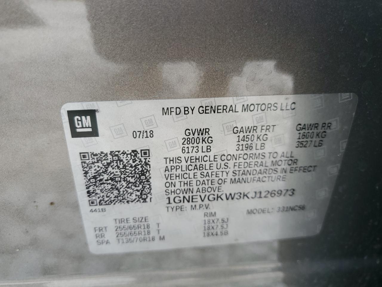 1GNEVGKW3KJ126973 2019 Chevrolet Traverse Lt