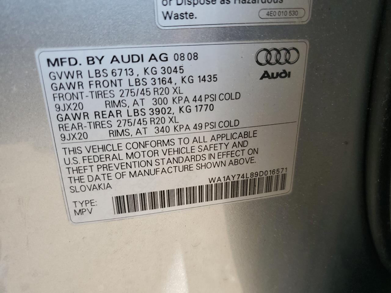 WA1AY74L89D016571 2009 Audi Q7 3.6 Quattro