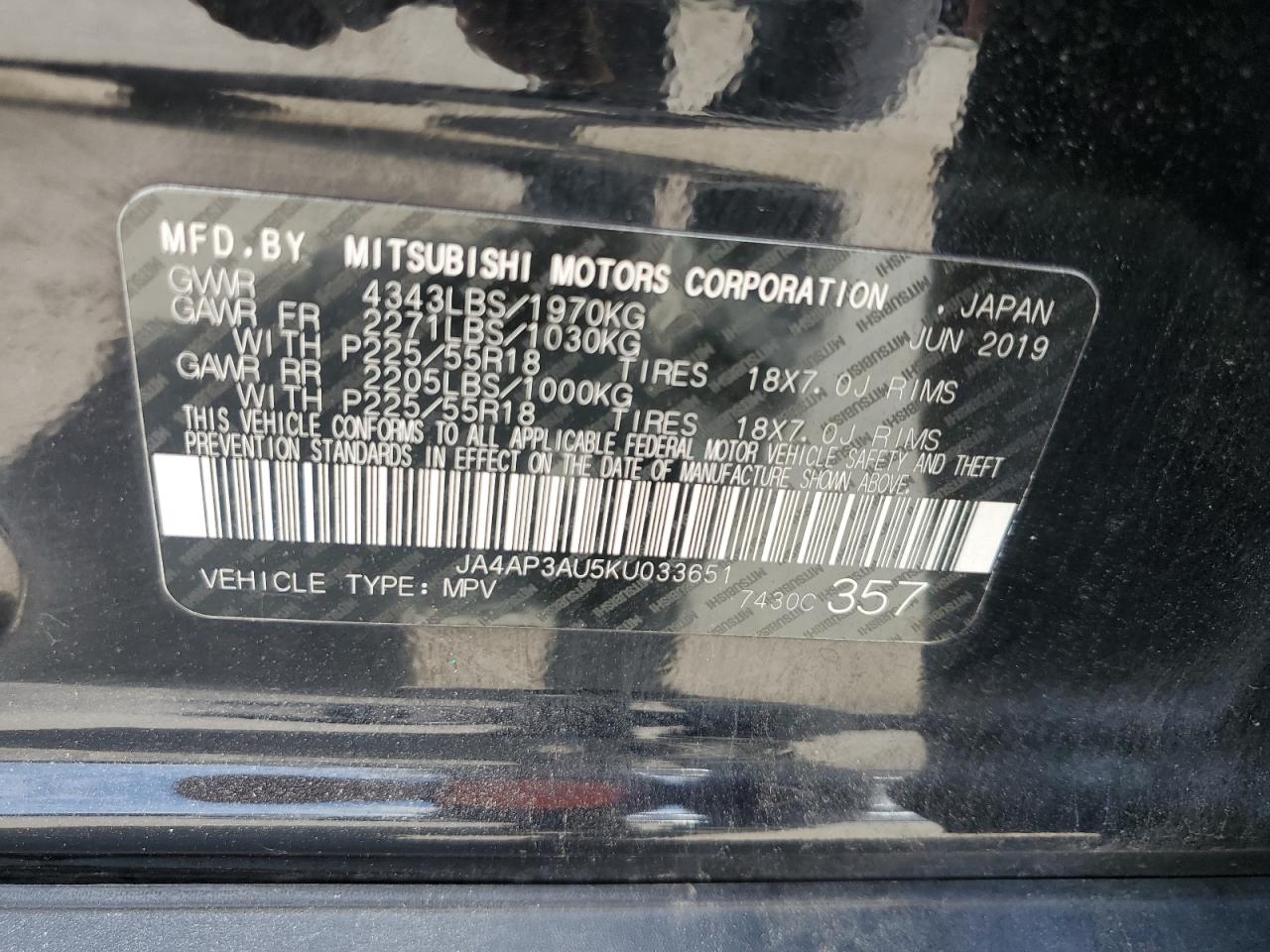 JA4AP3AU5KU033651 2019 Mitsubishi Outlander Sport Es