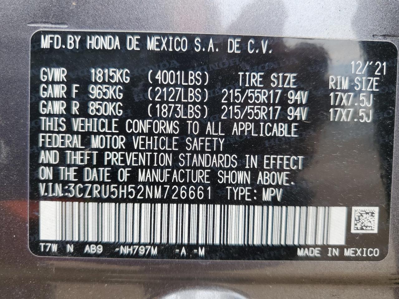 3CZRU5H52NM726661 2022 Honda Hr-V Ex