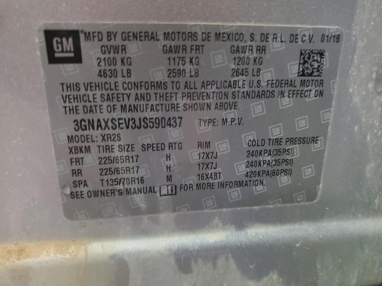 3GNAXSEV3JS590437 2018 Chevrolet Equinox Lt