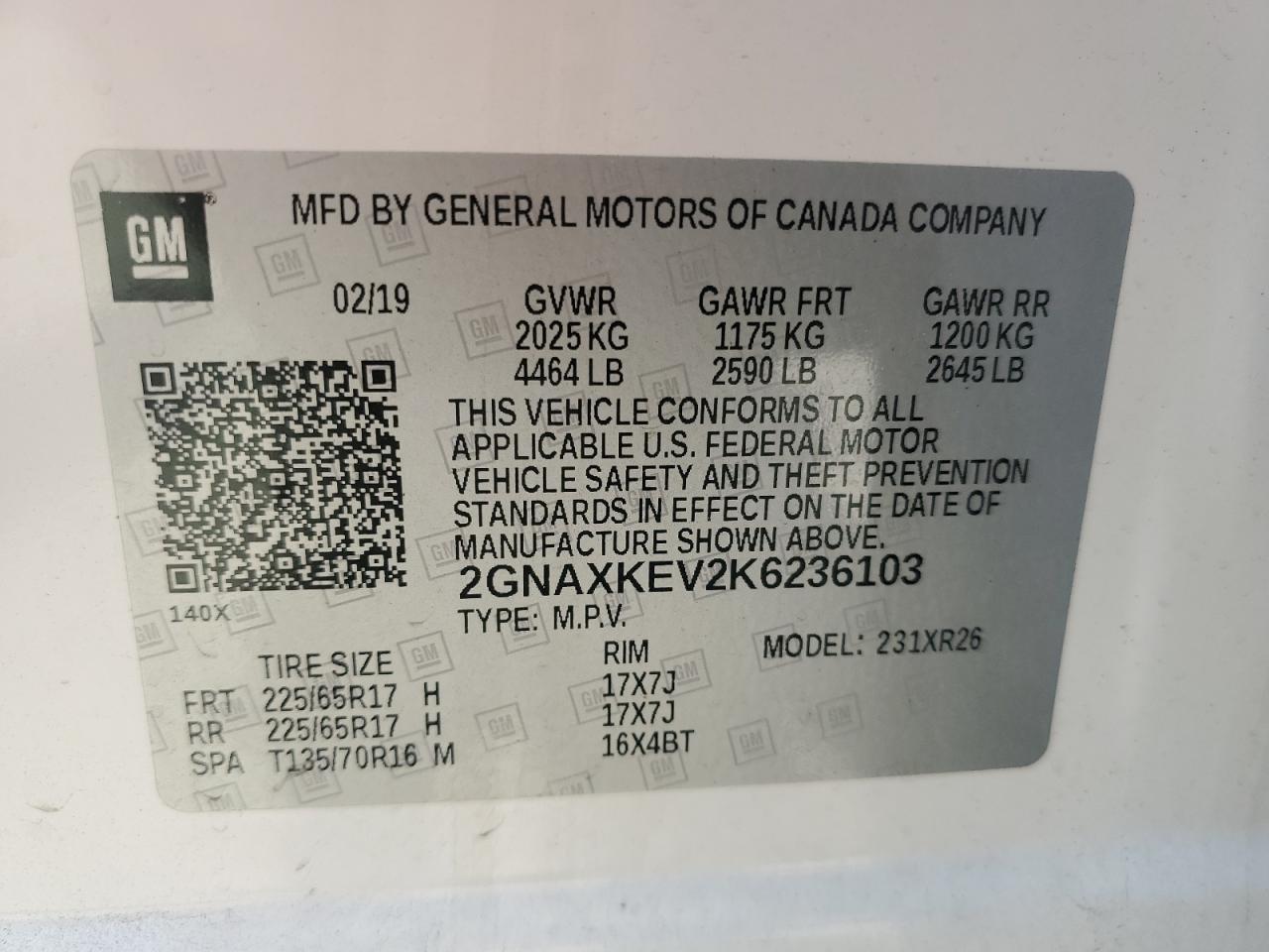2GNAXKEV2K6236103 2019 Chevrolet Equinox Lt