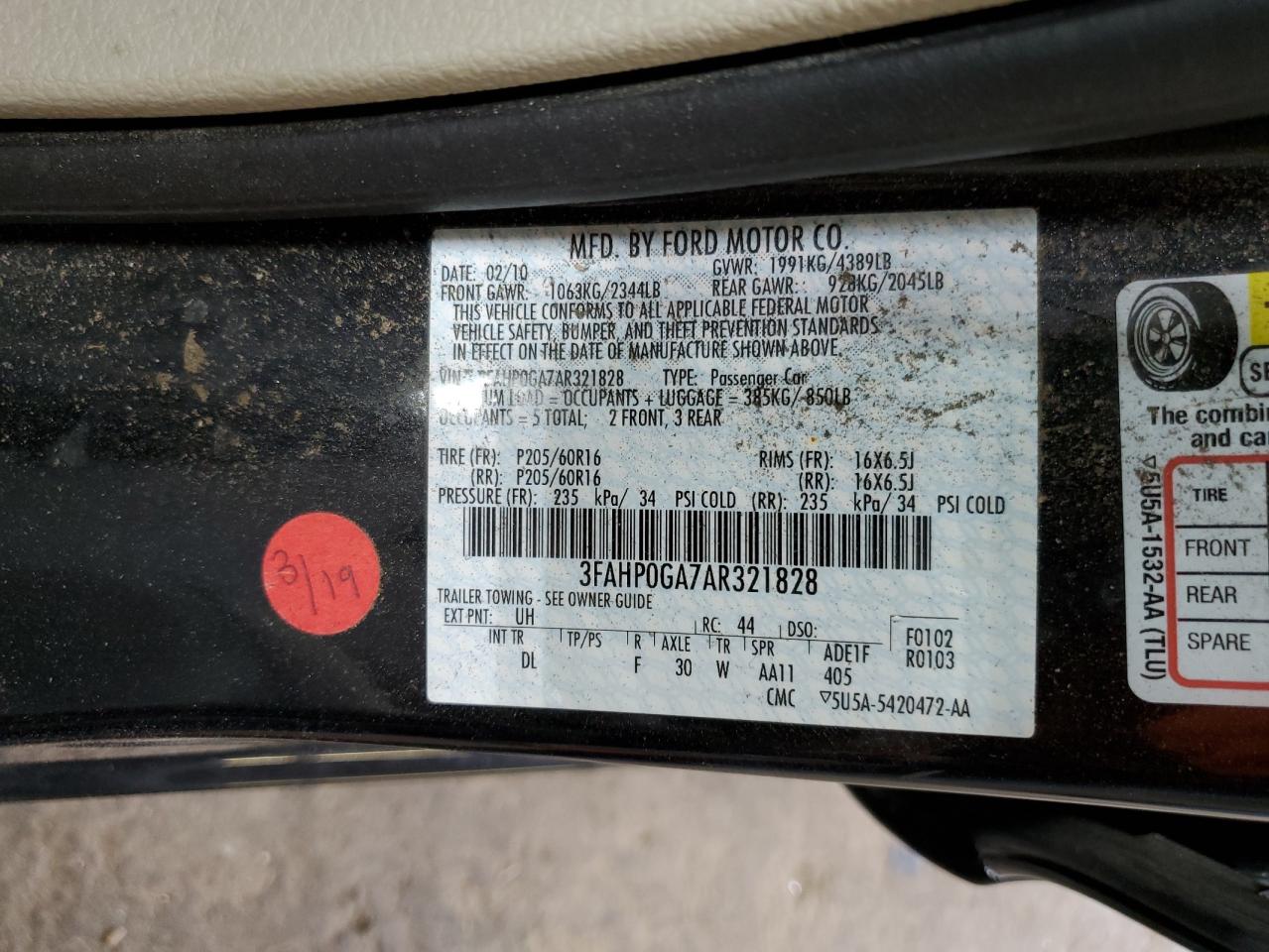3FAHP0GA7AR321828 2010 Ford Fusion S