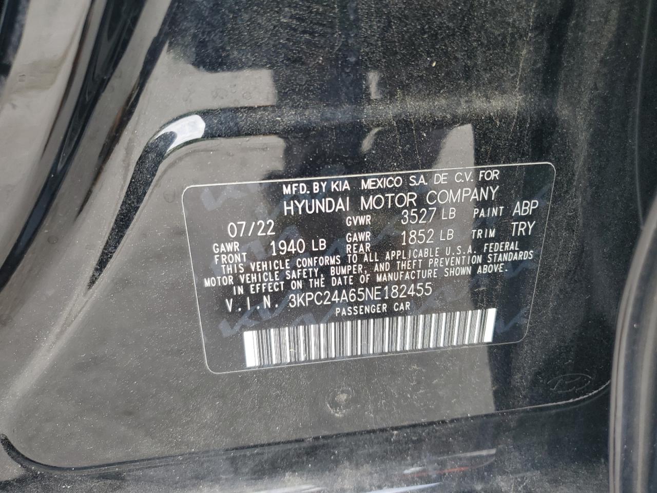 3KPC24A65NE182455 2022 Hyundai Accent Se