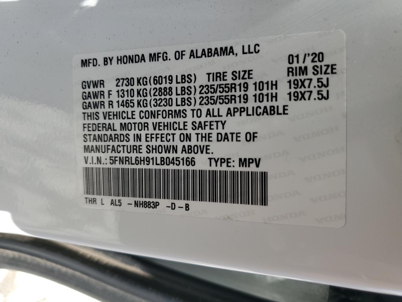 5FNRL6H91LB045166 2020 Honda Odyssey Elite