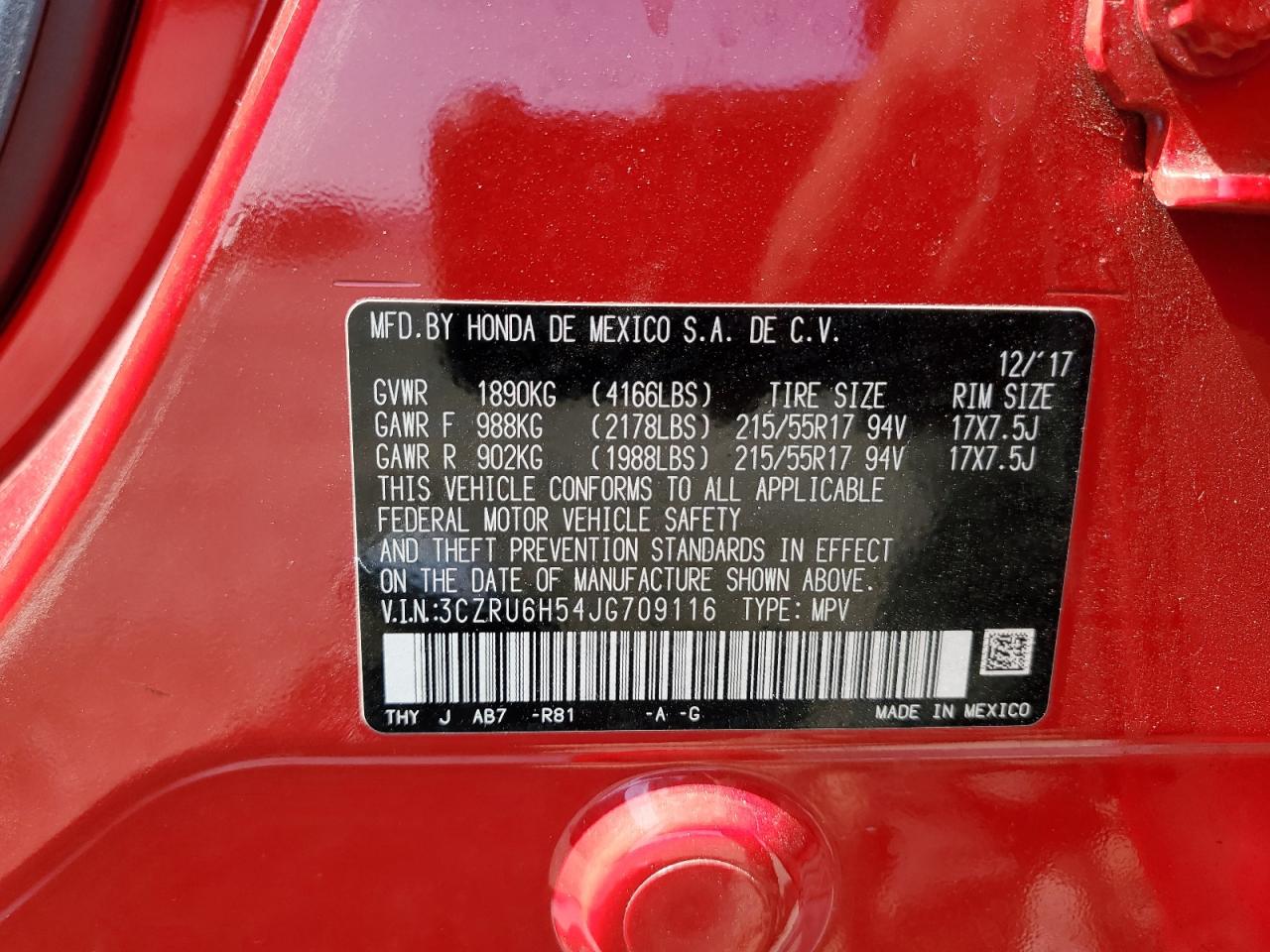 3CZRU6H54JG709116 2018 Honda Hr-V Ex