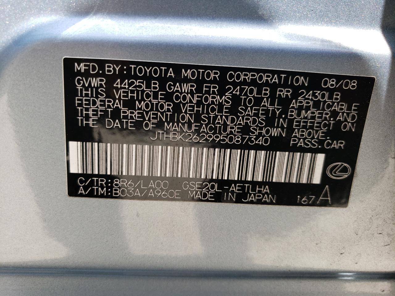 JTHBK262995087340 2009 Lexus Is 250