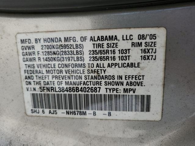 2006 Honda Odyssey Ex VIN: 5FNRL38486B402687 Lot: 57968684