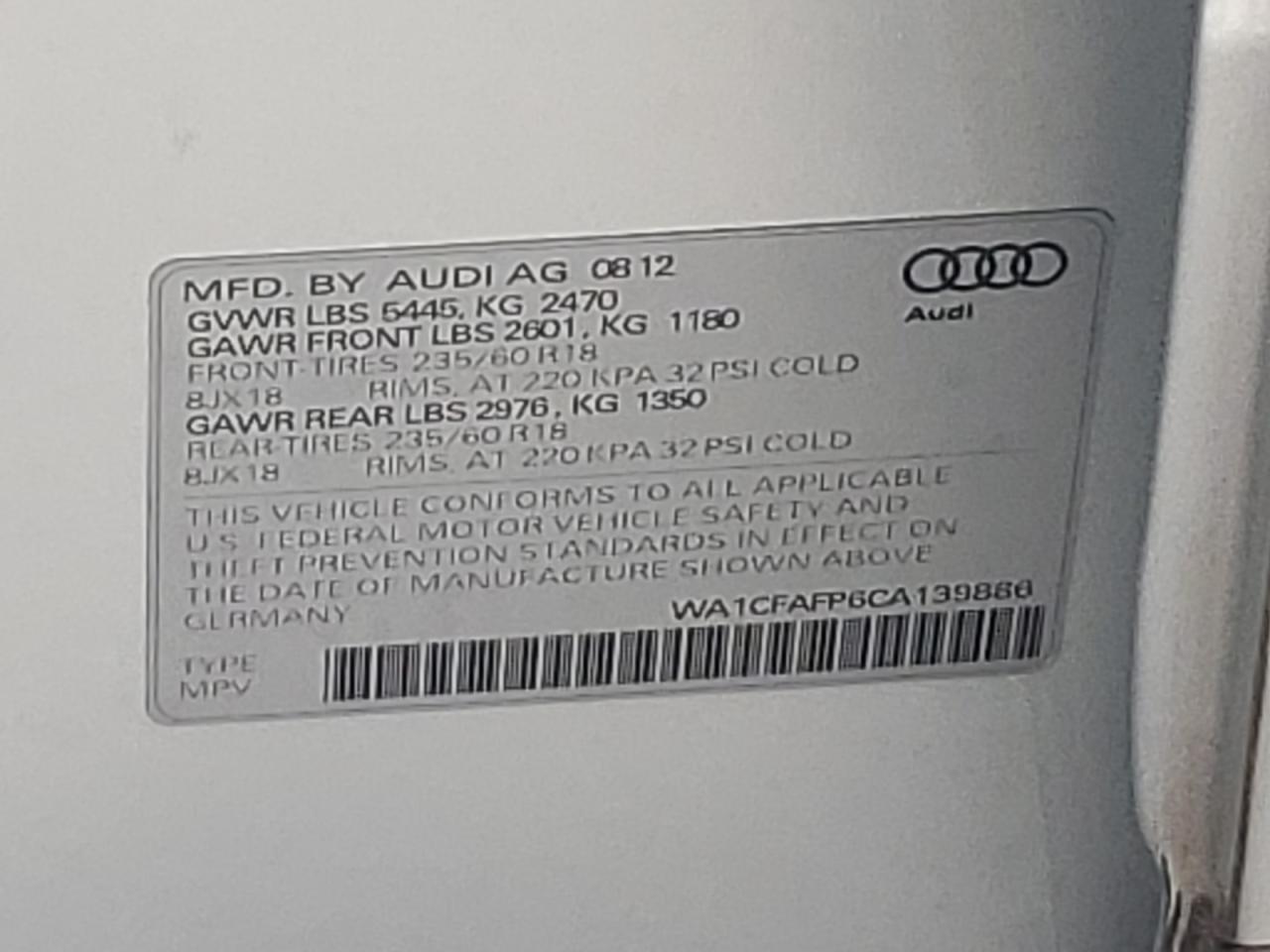 WA1CFAFP6CA139886 2012 Audi Q5 Premium