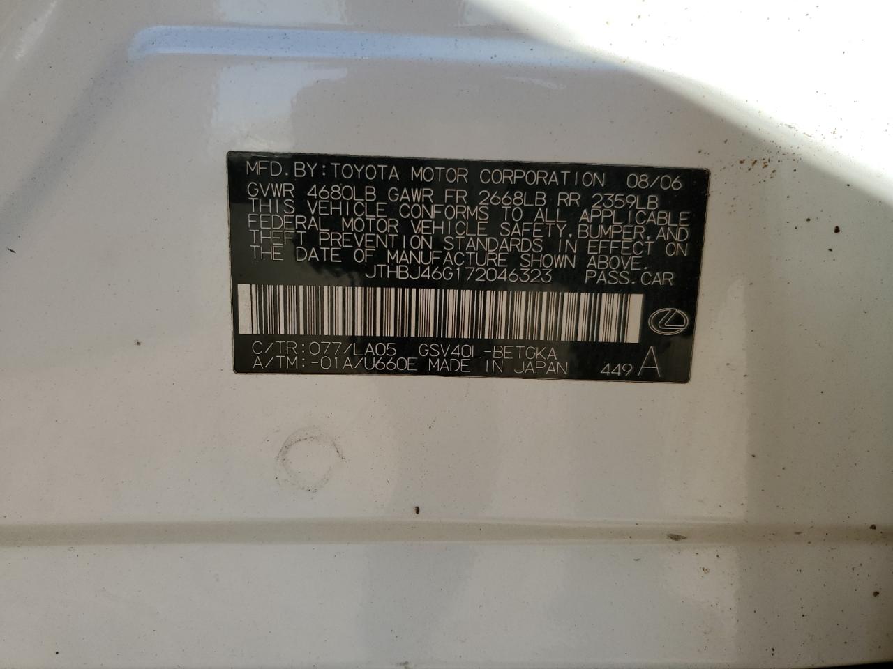 JTHBJ46G172046323 2007 Lexus Es 350